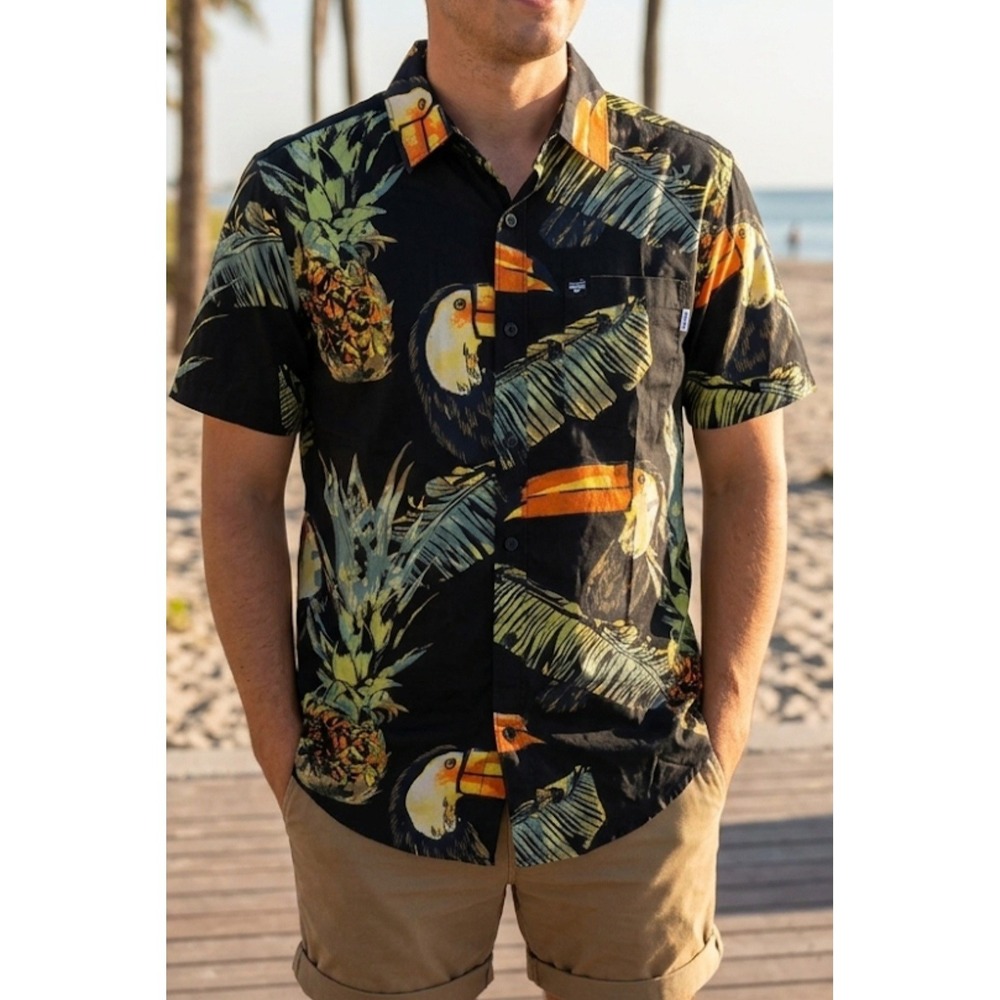 Men's Hurley Floral Cotton Spandex Woven Shirt Black ToucanStretchFit Sz S And L